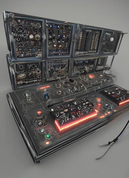 Prompt: strange surrealist detailed electronic musical-instruments!! with blinking LEDs and oscilloscopes, smoke, designed by Larry Elmore Kerlaft and Pixar, photorealistic, 3d render, award winning render, unreal engine, octane render, studio lighting, 8k, hd