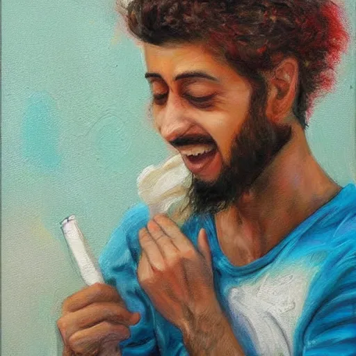 Prompt: Omer is crying and laughing at the same time, realistic painting