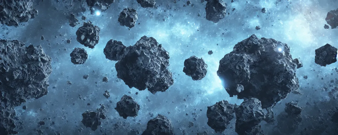 Image similar to movie still, asteroid with many hexagonal holes, unreal engine, octane render, detailed and intricate, global illumination, volumetric lighting, hubble telescope images, james webb telescope images, houdini fluid simulation, detailed and intricate environment