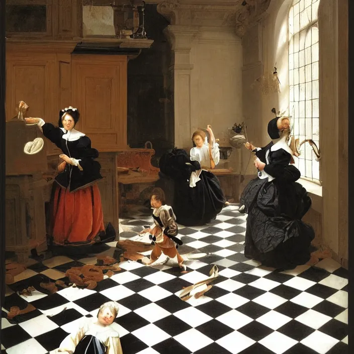 Image similar to colored painting, pieter de hooch, trending on artstation, highly detailed, black and white checkerboard floor, gigantic porcelain head statue, intricate, elegant