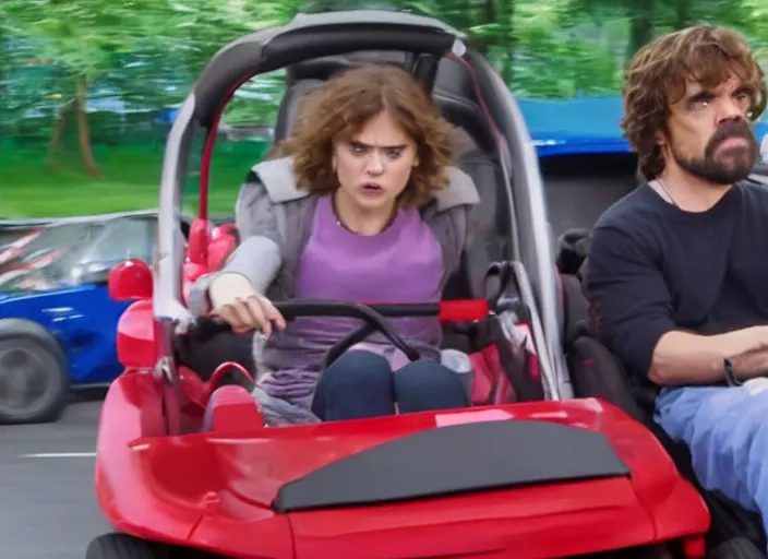 Image similar to peter dinklage and alexandra daddario driving a little tikes cozy coupe, movie still, from the new fast and furious tokyo drift movie, 8 k, realistic