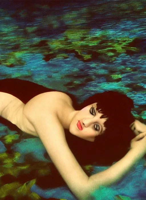 Image similar to liza minelli laying under the sea on the seabed amongst the weeds, underwater shot, submerged, medium shot, on the bed of the river preraphaelite colour photography by rosetti, 8 k