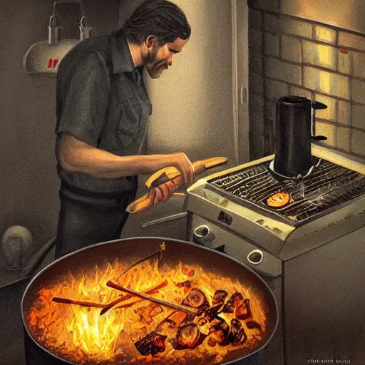 Prompt: nemeth szilard cooking with an old stove, highly detailed illustration, trending on artstation, boris vallejo