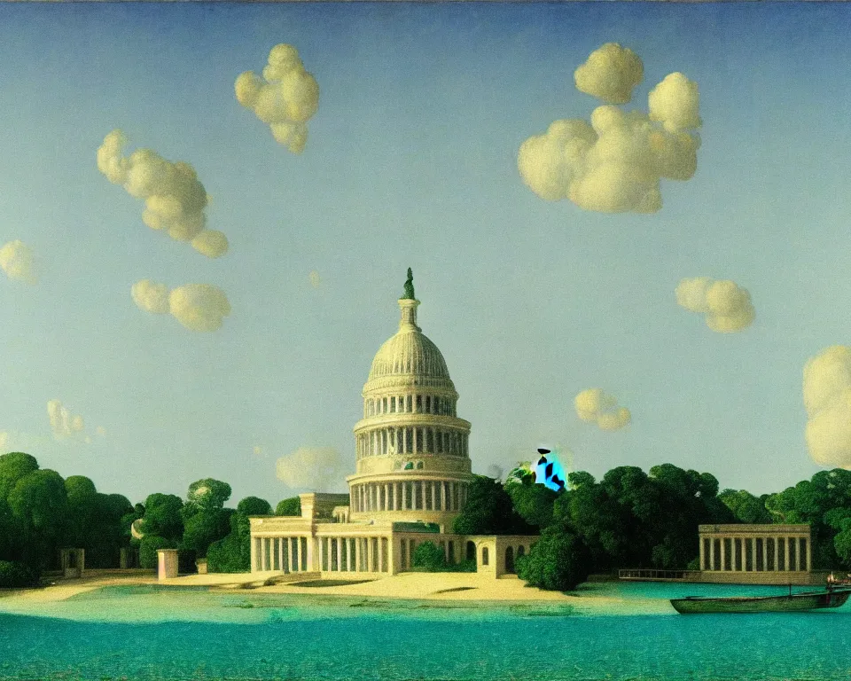 Prompt: an achingly beautiful print of a ruined U.S. Capitol in the Maldives by Raphael, Hopper, and Rene Magritte. detailed, romantic, enchanting, trending on artstation.