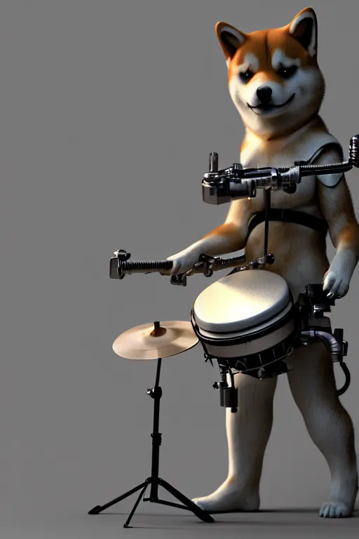 Image similar to high quality 3 d render very cute cyborg! shiba inu plays drums, cyberpunk highly detailed, unreal engine cinematic smooth, in the style of blade runner & pixar, hannah yata charlie immer, moody light, low angle, uhd 8 k, sharp focus