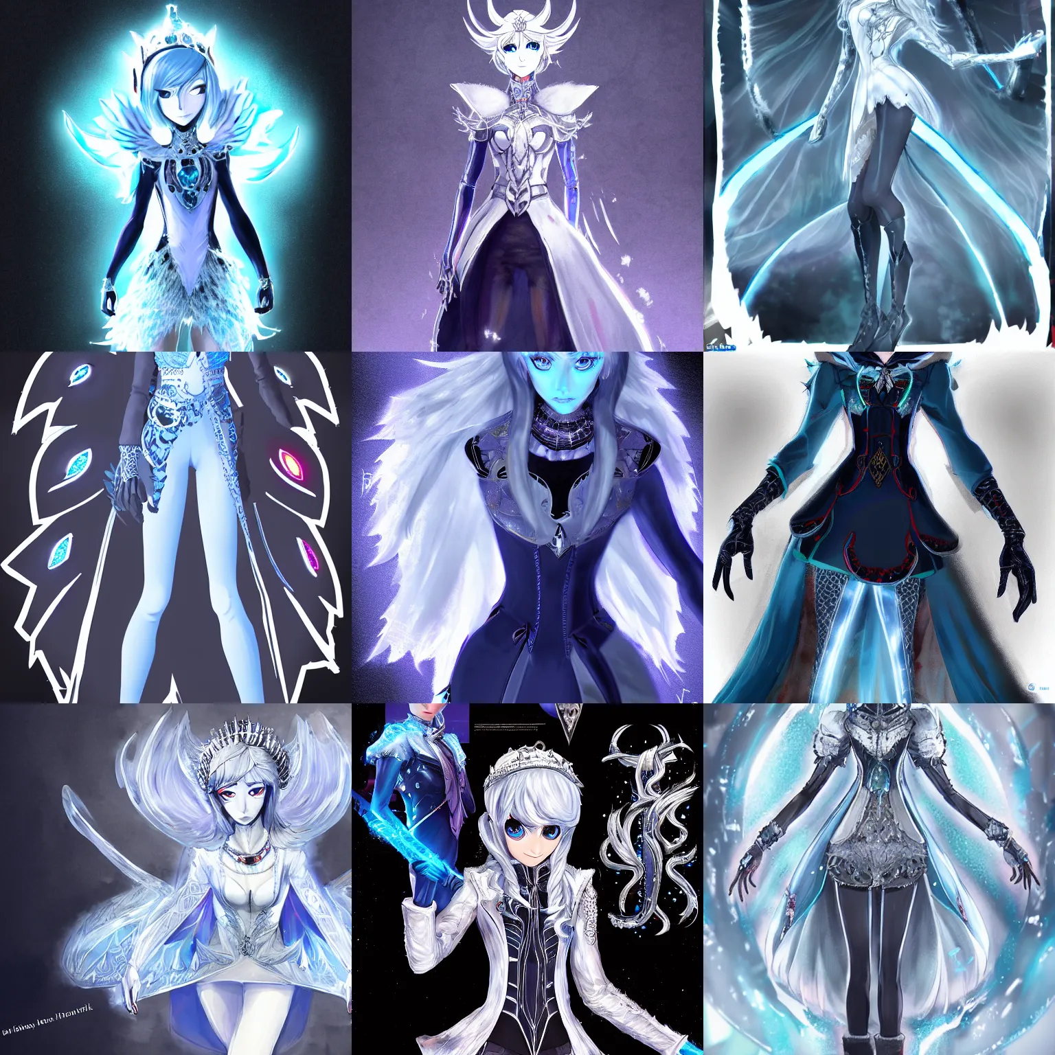Prompt: highly detailed full body portrait of the ice queen with glowing eyes, persona 5 concept art
