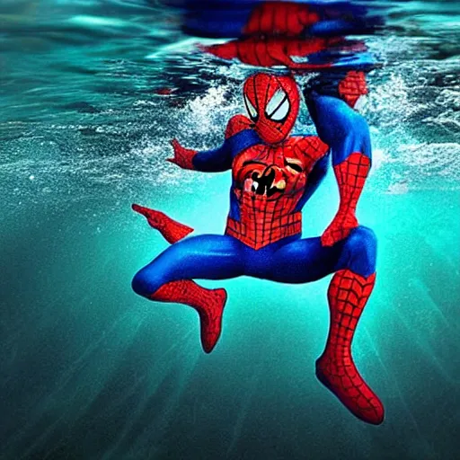 Image similar to underwater shoot photo of Spiderman , high detail , perfect photo