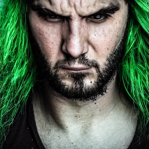 Image similar to a sad man with green hair