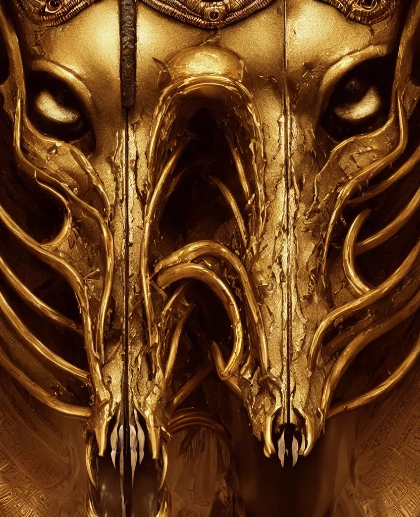 Image similar to Photorealistic epic egyptian god face close-up portrait ram skull, jackal skull, gold. ominous, ancient magic, intricate artwork by Tooth Wu and wlop and beeple and ryohei hase. octane render, trending on artstation, greg rutkowski very coherent symmetrical artwork. cinematic, hyper realism, high detail, octane render, 8k