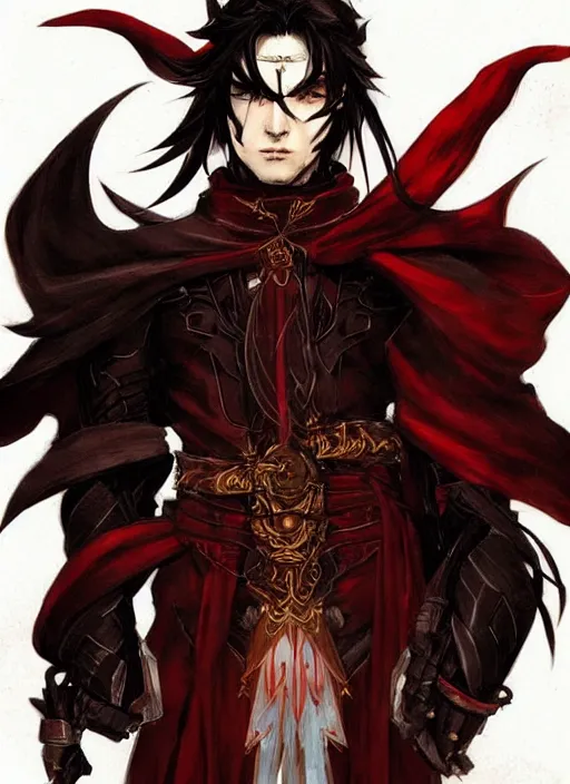 Image similar to Half body portrait of a handsome elf fire mage with long black hair wearing ornate scarlet robe, fire magic. In style of Yoji Shinkawa and Hyung-tae Kim, trending on ArtStation, dark fantasy, great composition, concept art, highly detailed, dynamic pose.
