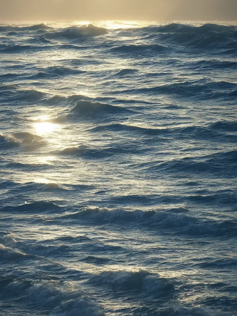 Prompt: and in the element of light, the sun reflected from the waves, inshore it spangles, the child of air is borne upon the wind that blows across the sea