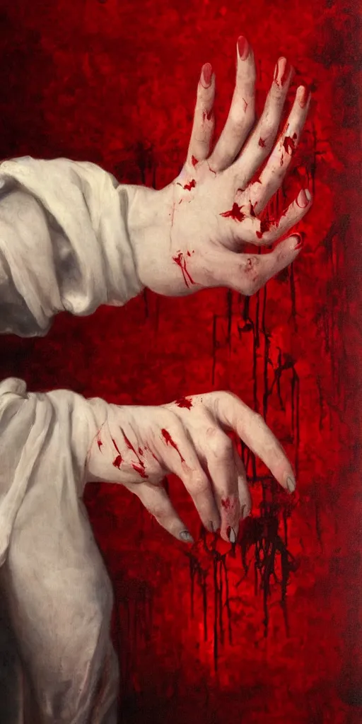 Image similar to by 1 9 th century famous painter, hands, nail polish, blood smear, blood dripping, horror, knife, realism, realistic, oil painting, red wallpaper background