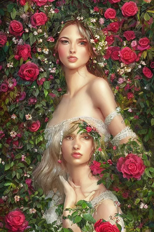 Image similar to beautiful woman in the middle of a lush garden with roses in her hair and an intricate gown, highly detailed, artstation, art by artgerm and greg rutkowski,