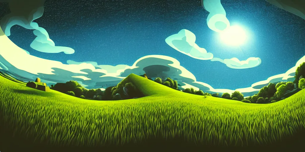 Prompt: dak, nightly, spiral, naive nerikomi, weird perspective, extra narrow, detailed illustration, lit by flashlight, fisheye, grass field night mountainous terrain, chubby curled clouds, volumetric lighting