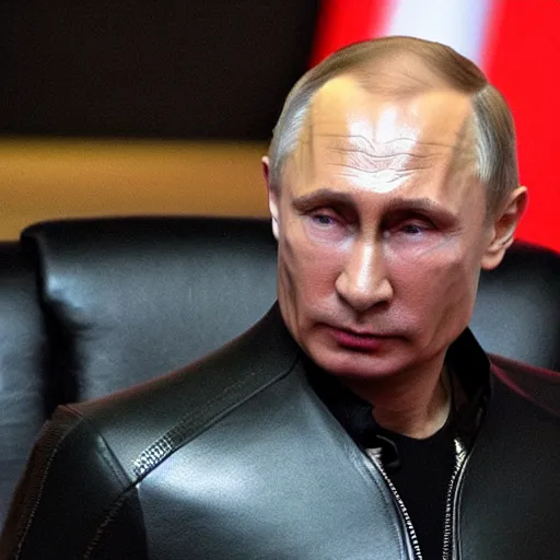 Prompt: vladimir putin as black widow in leather outfit