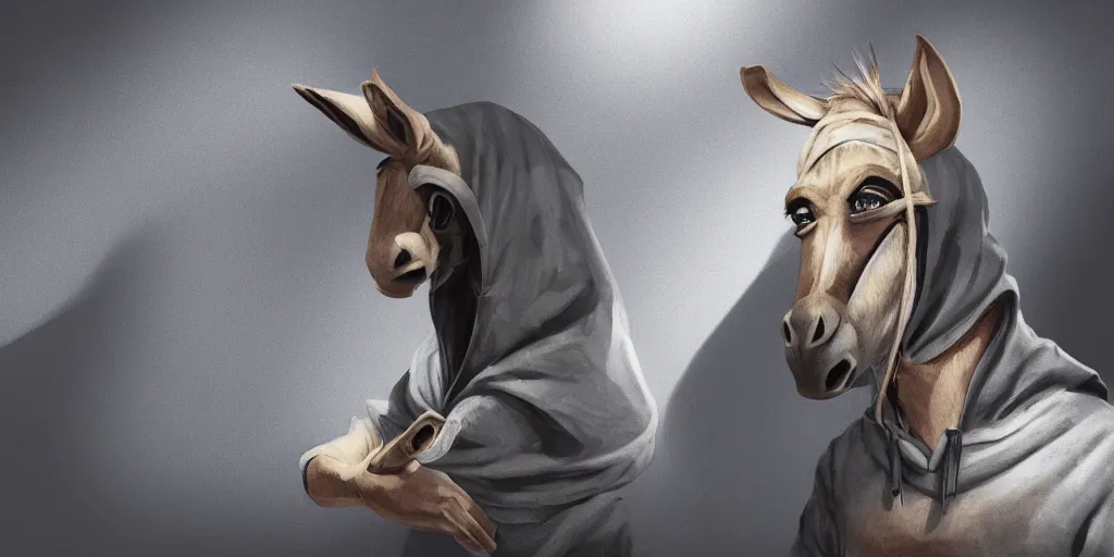 Prompt: donkey wearing a hoodie sweatshirt in a basement tracking to hack into a computer using a laptop, artstation