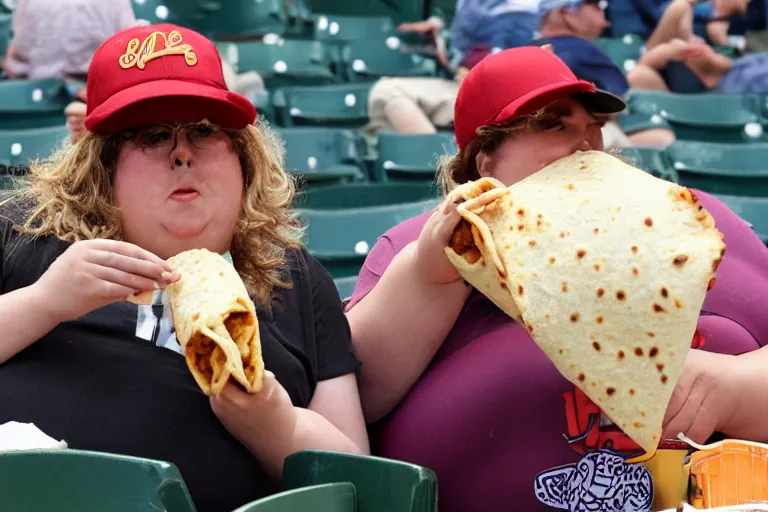 Image similar to obese woman eating a giant burrito sitting at a baseball game, photograph,