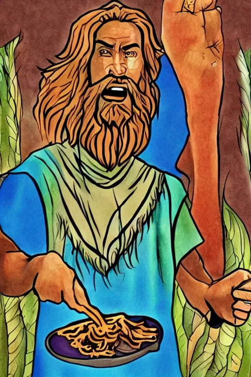 Image similar to moses againts god, realistic, art by tafy laplanche, colored by food colorhunt