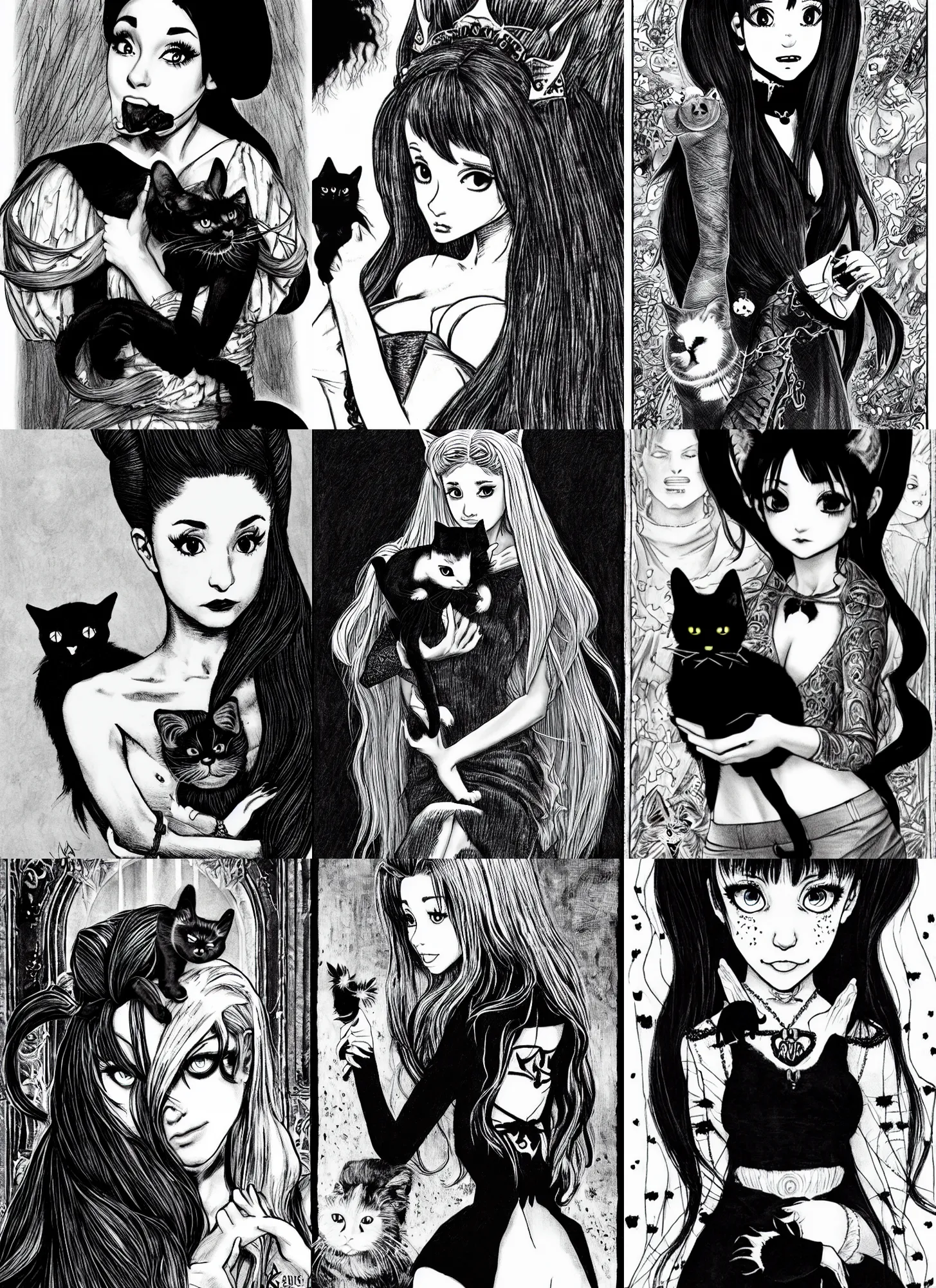 Prompt: Ariana Grande as a vampire queen holding a black cat, highly detailed, black and white, manga, art by Kentaro Miura