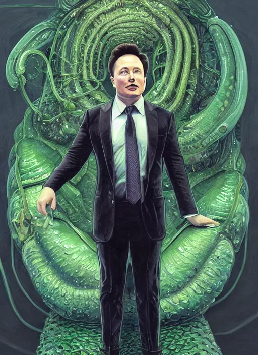 Image similar to full body picure of elon musk!!! as slimy mollusk, anthropomorphic character, drool, concept art, intricate, elegant, highly detailed, digital painting, artstation, wallpaper, smooth, sharp focus, illustration, art by giger and artgerm and greg rutkowski and alphonse mucha