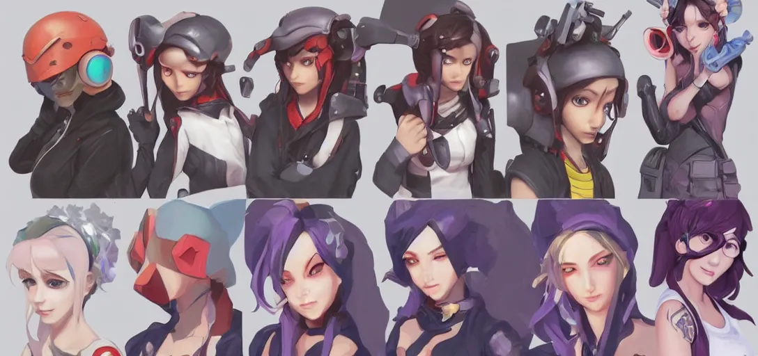 Image similar to concept art of female video game characters head designs, egirls, disgaea, flcl, overwatch, by marc brunet and artgerm