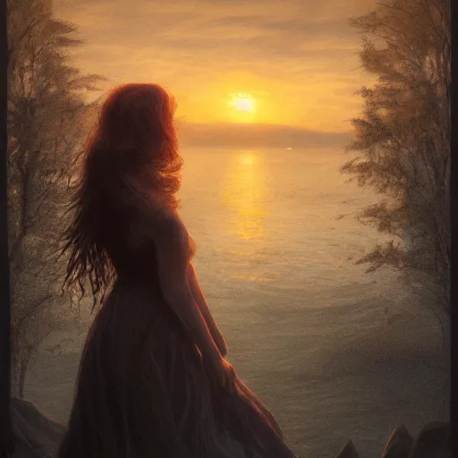 Prompt: young beautiful woman by the lake, hair waving in the wind, sunset, high detail, dramatic light, digital art, chiaroscuro, dark, painted by seb mckinnon and caspar david friedrich, trending on artstation