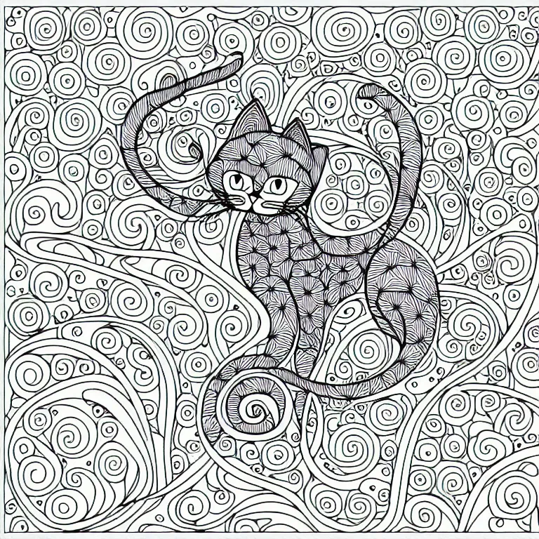Prompt: beautiful cat, ornamental, fractal, line art, vector, outline, simplified, colouring page