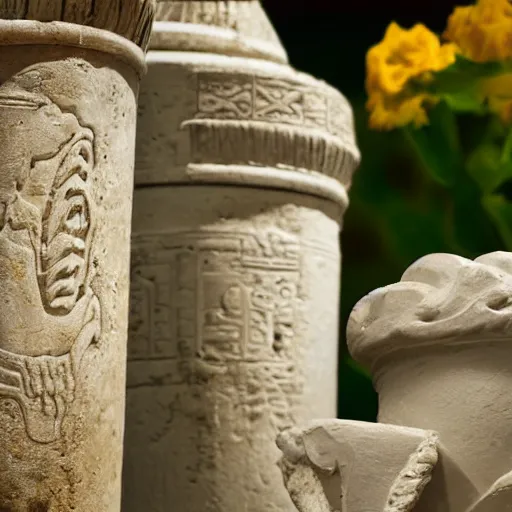 Image similar to studio photo of a ceramic vase, in the shape of an ancient greek temple. with flowers. baroque details. museum. close up photo. bokeh. photorealistic, ultra detailed.