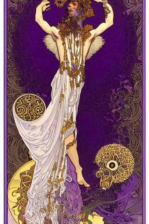 Prompt: thanatos, beautiful male god of death, closed eyes, long hair, wearing ornate silk and lace clothes, gold jewelry, moon, purple feathers, by Alphonse Mucha, rule of thirds, super detailed, 4k, sharp focus, illustration