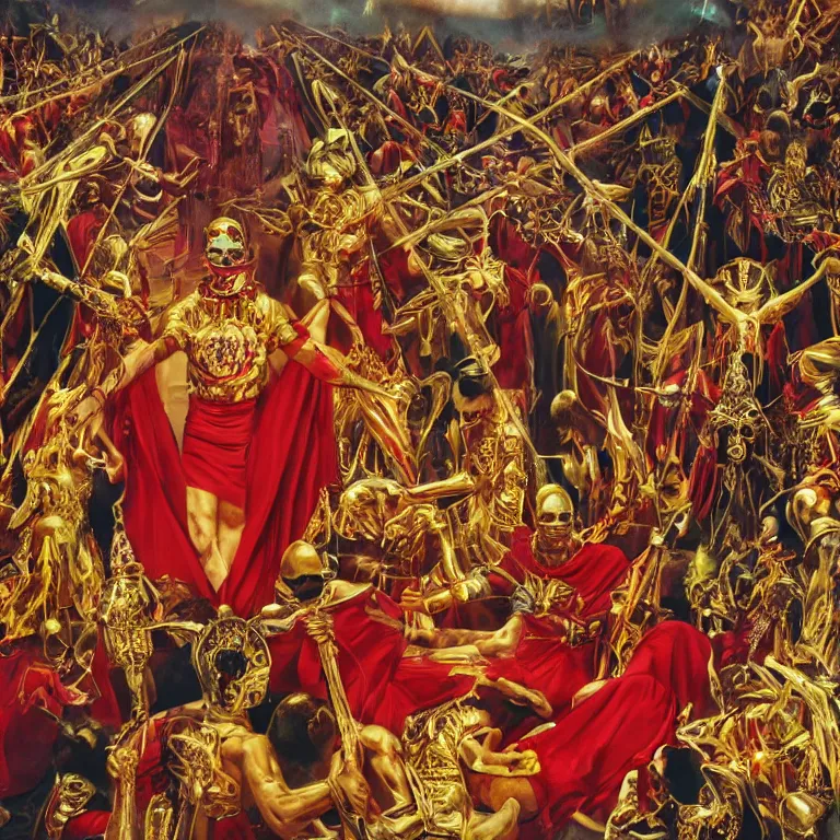 Image similar to pov of man being sacrifice by members of esoteric cult, ektachrome hyper realistic and detailed, wear heavy red ornemental costumes and elongate gold masks and jewels