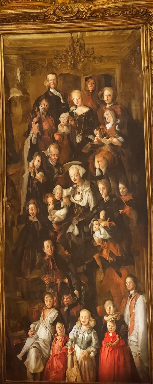 Prompt: oil paint canva of family portrait in the main room of the castle, dark room, one point of light trough a big window. baroque style 1 6 5 0, high details on clothes, realistic faces and expressions