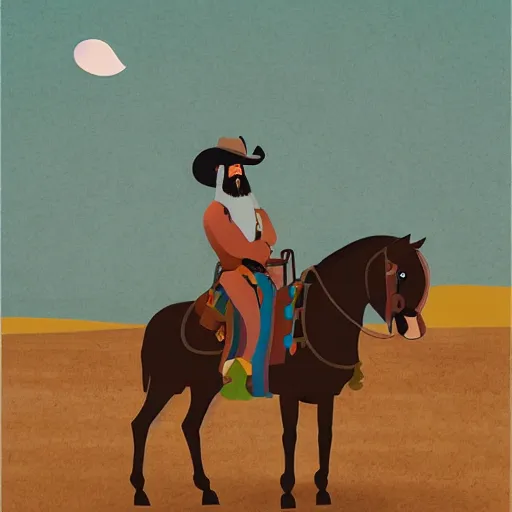 Image similar to bearded cowboy, standing alone, asian steppe in background, persian folkore illustration