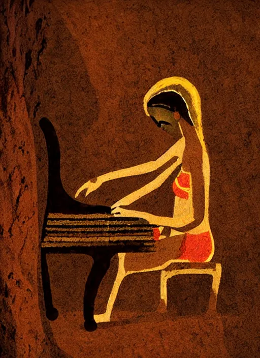 Image similar to cave painting of gril playing piano, 4 k, high quality, sharp fucos