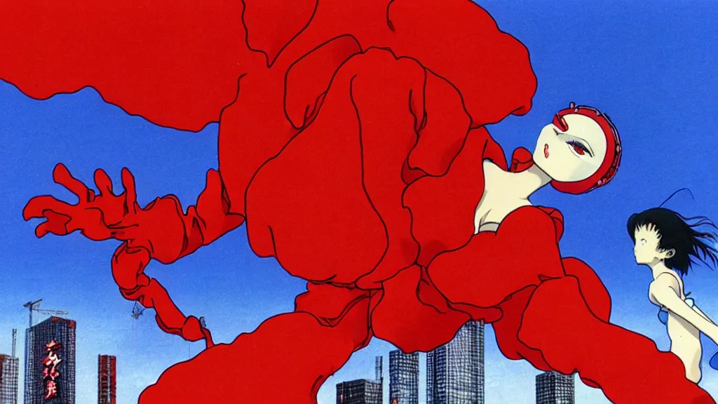 Image similar to a woman in a red dress wearing a red lobster mask falling from a building in Tokyo , film still from the an anime directed by Katsuhiro Otomo with art direction by Salvador Dalí, wide lens