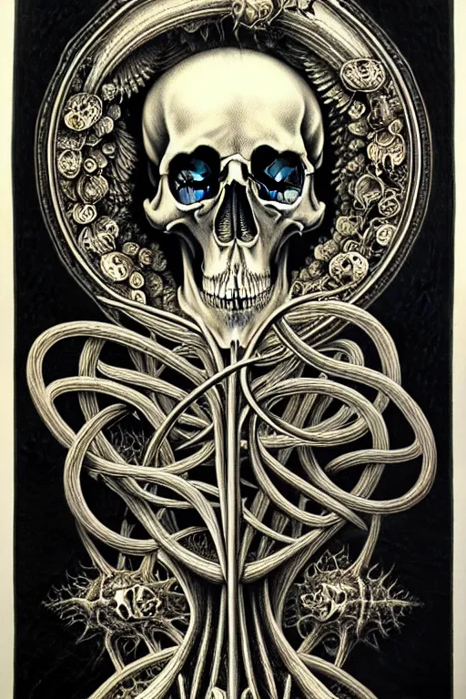 Prompt: detailed realistic memento mori lithograph by cameron gray and ernst haeckel, gothic ornament, skulls, bones, art nouveau, neogothic, ornate art nouveau botanicals, horizontal symmetry, polished