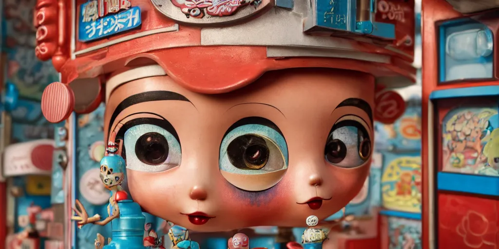 Image similar to closeup portrait of tin toy retro tokyo corner store, depth of field, zeiss lens, detailed, centered, photoshoot, by nicoletta ceccoli, mark ryden, lostfish, breathtaking, 8 k resolution, extremely detailed, beautiful, establishing shot, artistic, hyperrealistic, octane render, - h 8 0 4