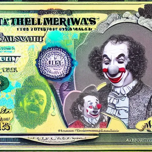 Image similar to The money of clowns banknote, photo realistic, highly-detailed, award-winning