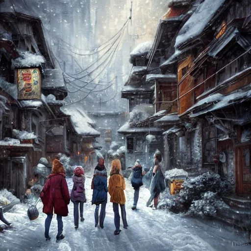 Prompt: a group of friends in a snowy village, dynamic composition, motion, ultra-detailed, incredibly detailed, a lot of details, amazing fine details and brush strokes, colorful and grayish palette, smooth, HD semirealistic anime CG concept art digital painting, watercolor oil painting of Clean and detailed post-cyberpunk sci-fi, relaxing, calm and mysterious vibes,, by a Chinese artist at ArtStation, by Huang Guangjian, Fenghua Zhong, Ruan Jia, Xin Jin and Wei Chang. Realistic artwork of a Chinese videogame, gradients.,set in half-life 2, dynamic composition, beautiful with eerie vibes, very inspirational, very stylish, with gradients, surrealistic, dystopia, postapocalyptic vibes, depth of field, mist, rich cinematic atmosphere, perfect digital art, mystical journey in strange world