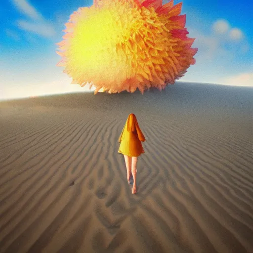 Prompt: closeup giant dahlia flower oder head, girl walking between dunes, surreal photography, sunrise, blue sky, dramatic light, impressionist painting, digital painting, artstation, simon stalenhag