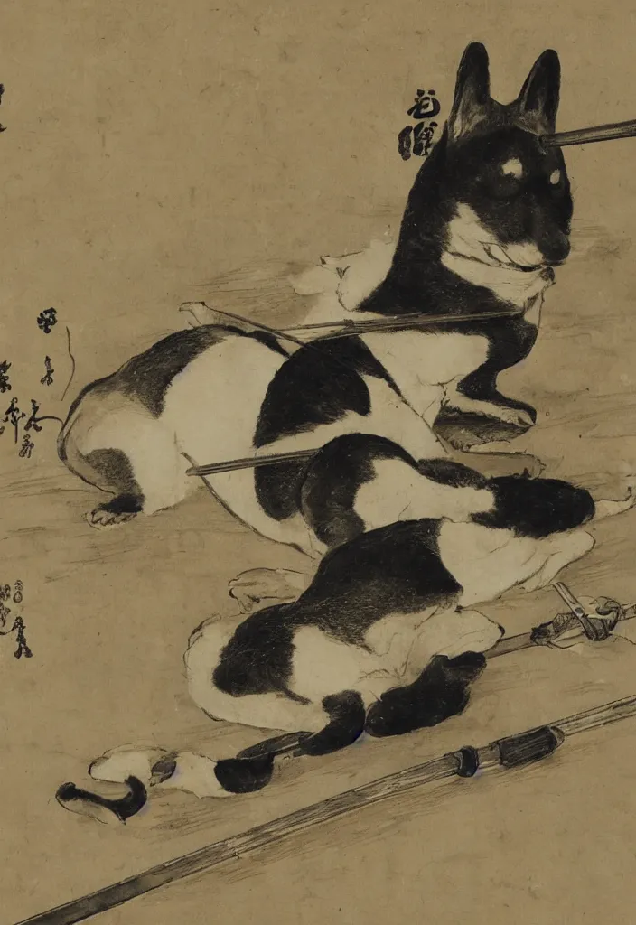 Image similar to a shiba-inu-samurai general waking up from a nap on the battlefield, his trusty katana at his side, artwork on loan from the historical dog society of japan