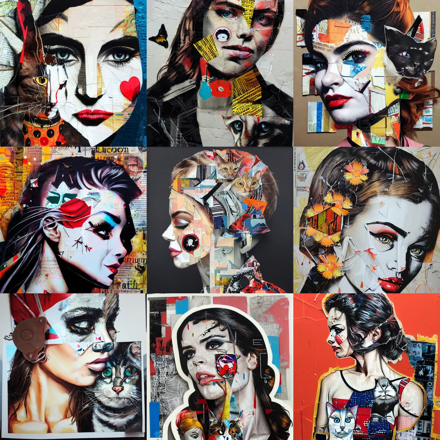 Prompt: womand and cat mixed media collage by sandra chevrier