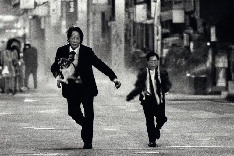 Image similar to cinematography action movie closeup portrait of a Japanese business man carrying his dog running from an explosion in Tokyo by Michael Bay