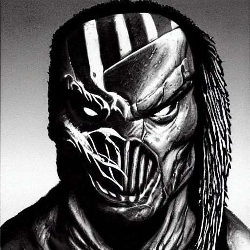 Image similar to wall street journal hedcut portrait of predator from the movie predator