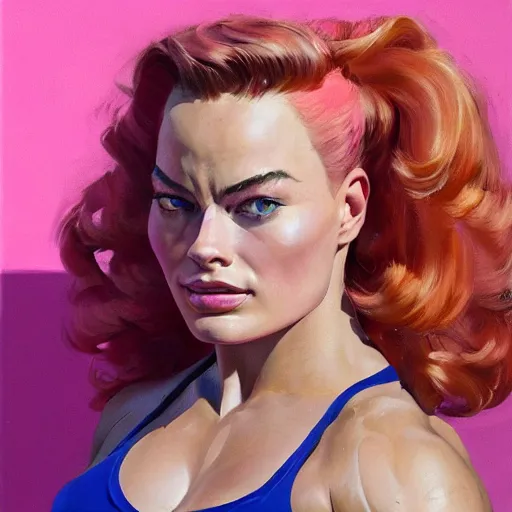 Prompt: greg manchess portrait of margot robbie as thick muscular weightlifter zarya from overwatch with ponytail and curly pink hair, medium shot, asymmetrical, profile picture, organic painting, sunny day, matte painting, bold shapes, hard edges, street art, trending on artstation, by huang guangjian and gil elvgren and sachin teng