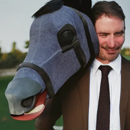 Image similar to man wearing horse head mask on shoulder of man