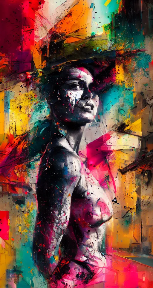 Prompt: abstract portrait of female shape, city in the background, beautiful abstract female shape, rule of thirds, face symmetry, colourful spray paint splatters, expressive, abstract art, by greg rutkowski, by jeremy mann, by francoise nielly, 4 k, 8 k, correct body proportion, cinematic style, female shape shadow