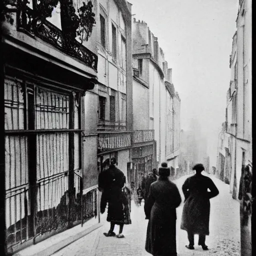 Image similar to 1 9 1 0, paris street scene, montmartre steps, photograph, style of atget, old, creepy