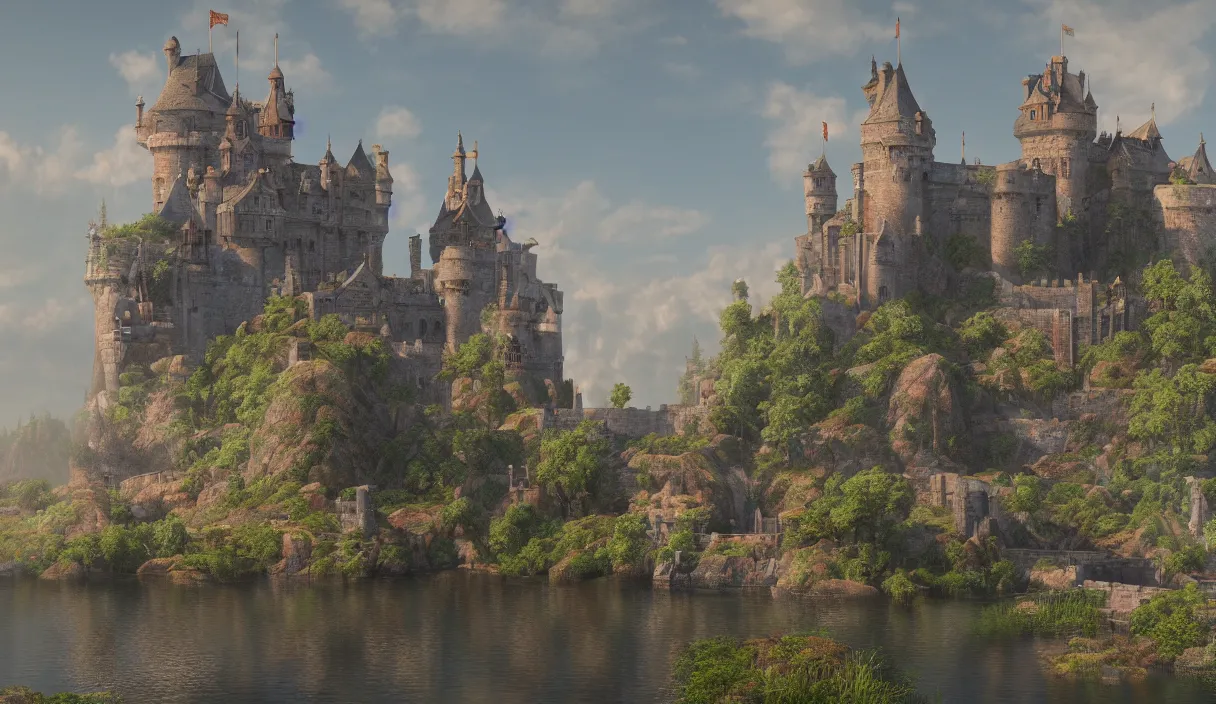 Image similar to a beautiful painting of a castle surrounded by a moat, cinematic angle, movie concept, trending on artstation, octane render, 8 k, ultra high detail