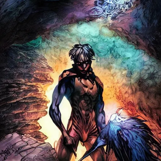 Image similar to A magical and mystical underground cave, warm colour palette, dramatic, high contrast, deep depth, graphic novel, art by Ardian Syaf and Pepe Larraz,