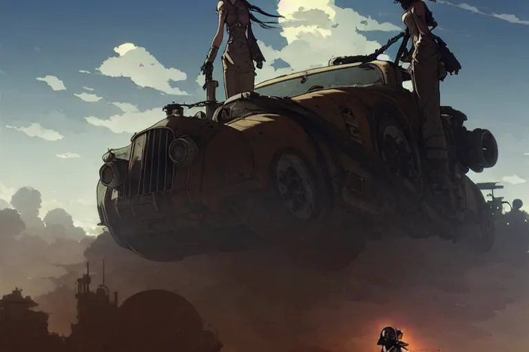 Prompt: dieselpunk post apocalyptic tvr cerbera : : speeding with clouds of dust : : painted by greg rutkowski makoto shinkai takashi takeuchi studio ghibli, akihiko yoshida